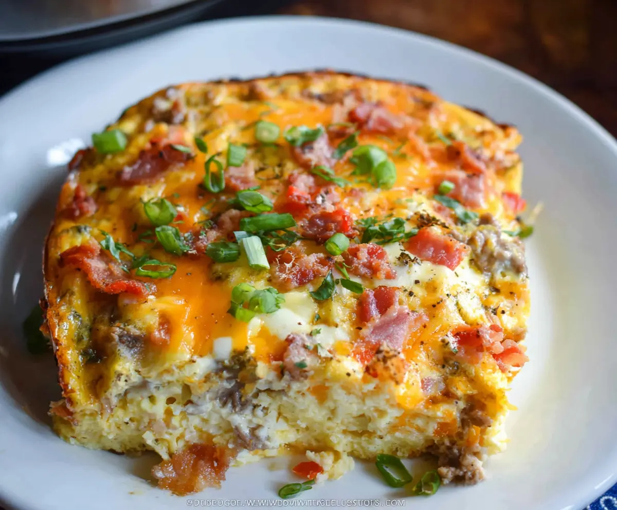 Delicious slow cooker breakfast casserole with eggs, cheese, and vegetables ready to serve.