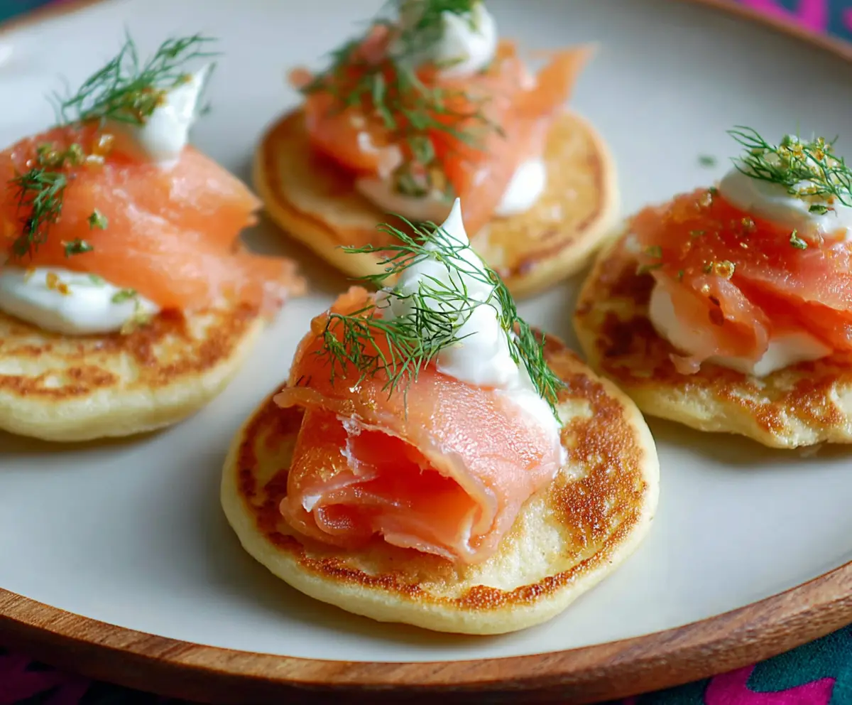 Delicious smoked salmon blini bites garnished with fresh herbs on a elegant serving platter.