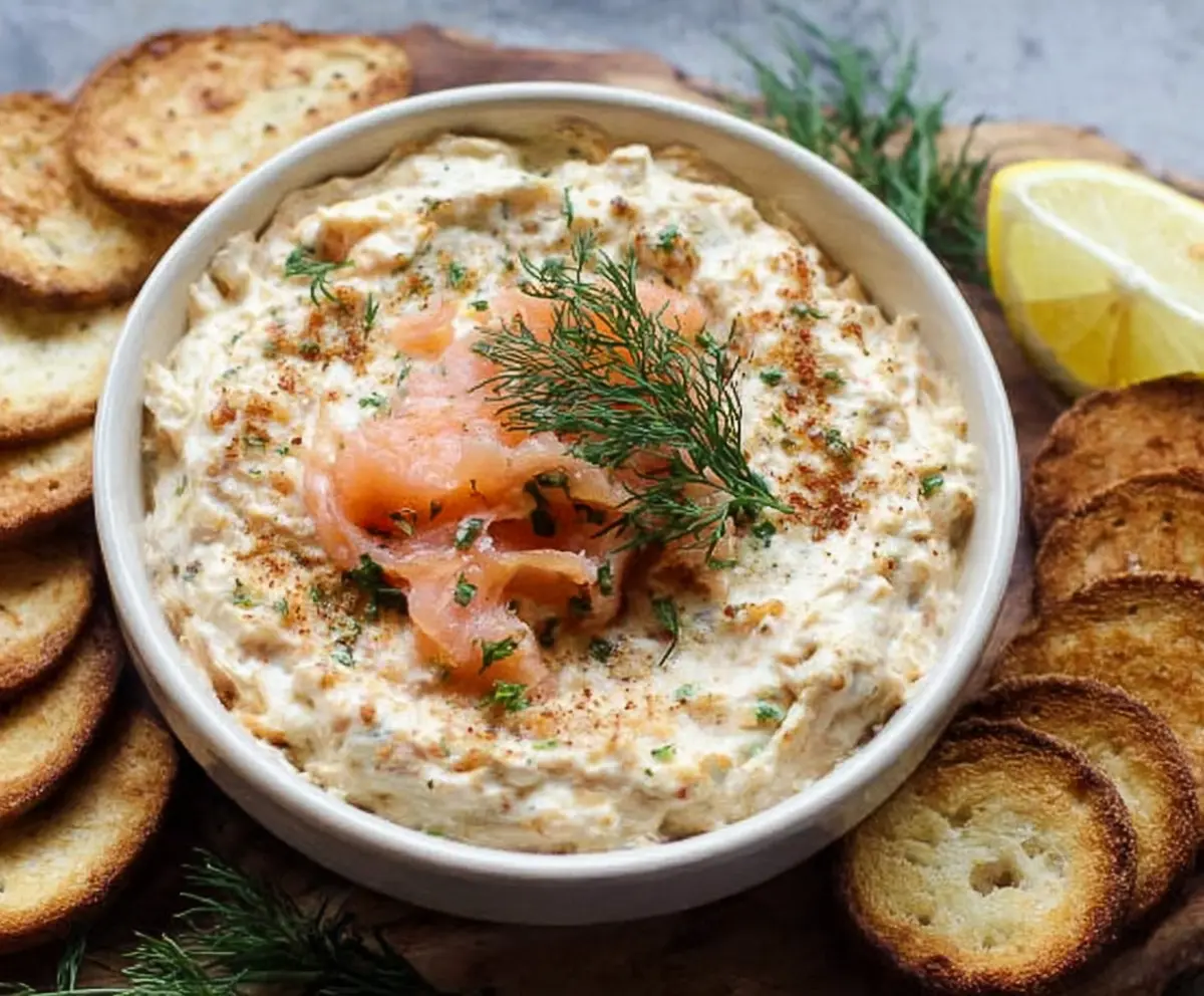 Delicious smoked salmon dip served with fresh crackers and lemon slices.