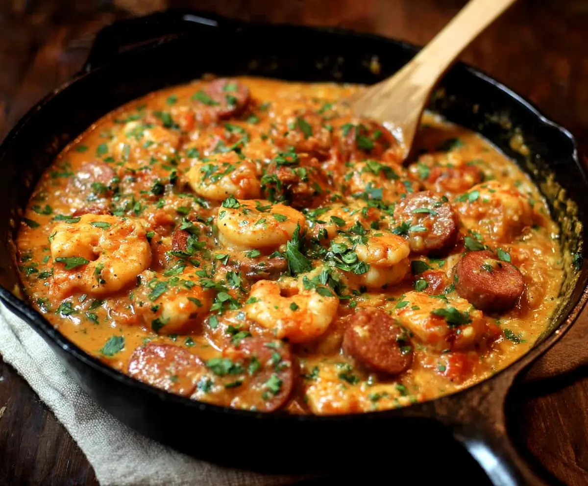Delicious smothered shrimp and sausage served with vibrant vegetables on a plate.