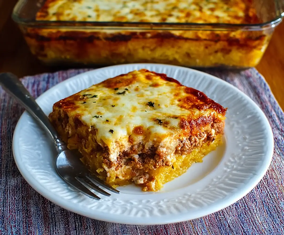 Delicious baked spaghetti squash lasagna with melted cheese and fresh herbs.