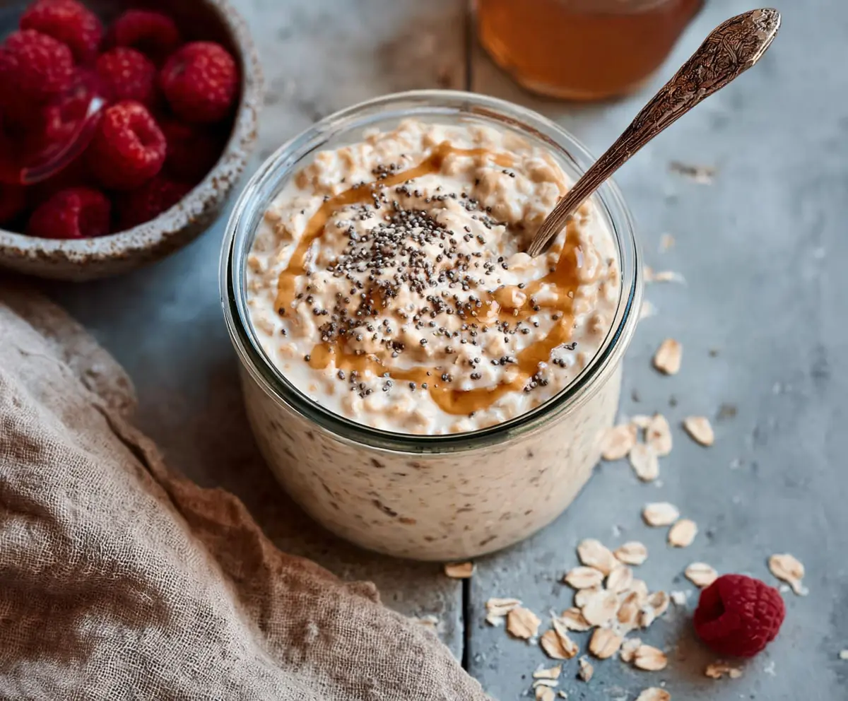 Creamy Sugar Cookie Overnight Oats drizzled with icing and sprinkles in a glass jar.
