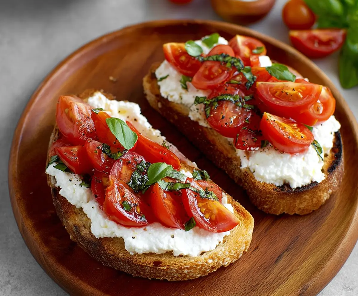 Delicious tomato and cottage cheese toast spread on whole grain bread for a healthy breakfast.
