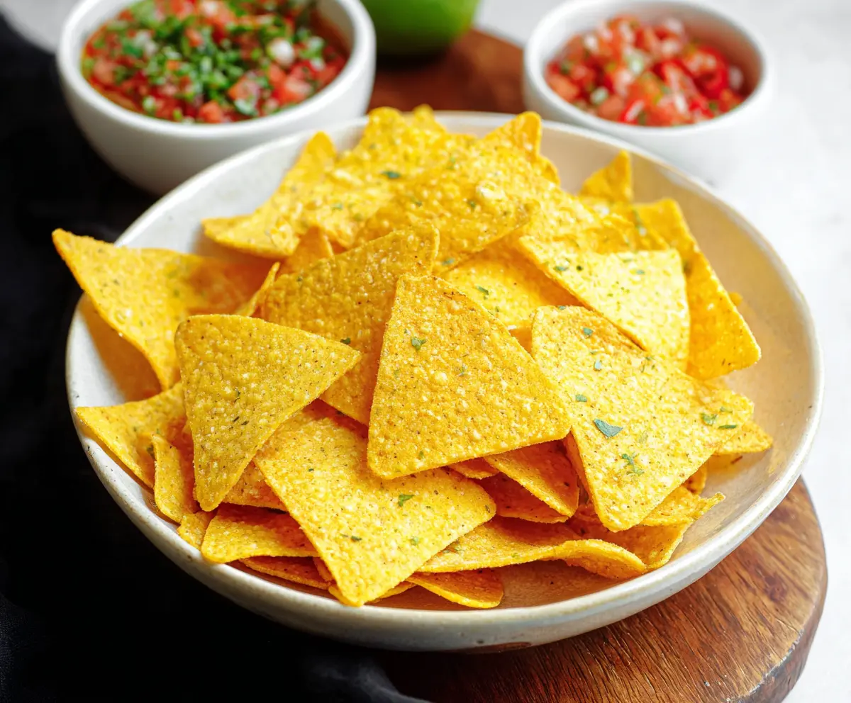 Crispy golden tortilla chips served with a side of salsa for snacking.