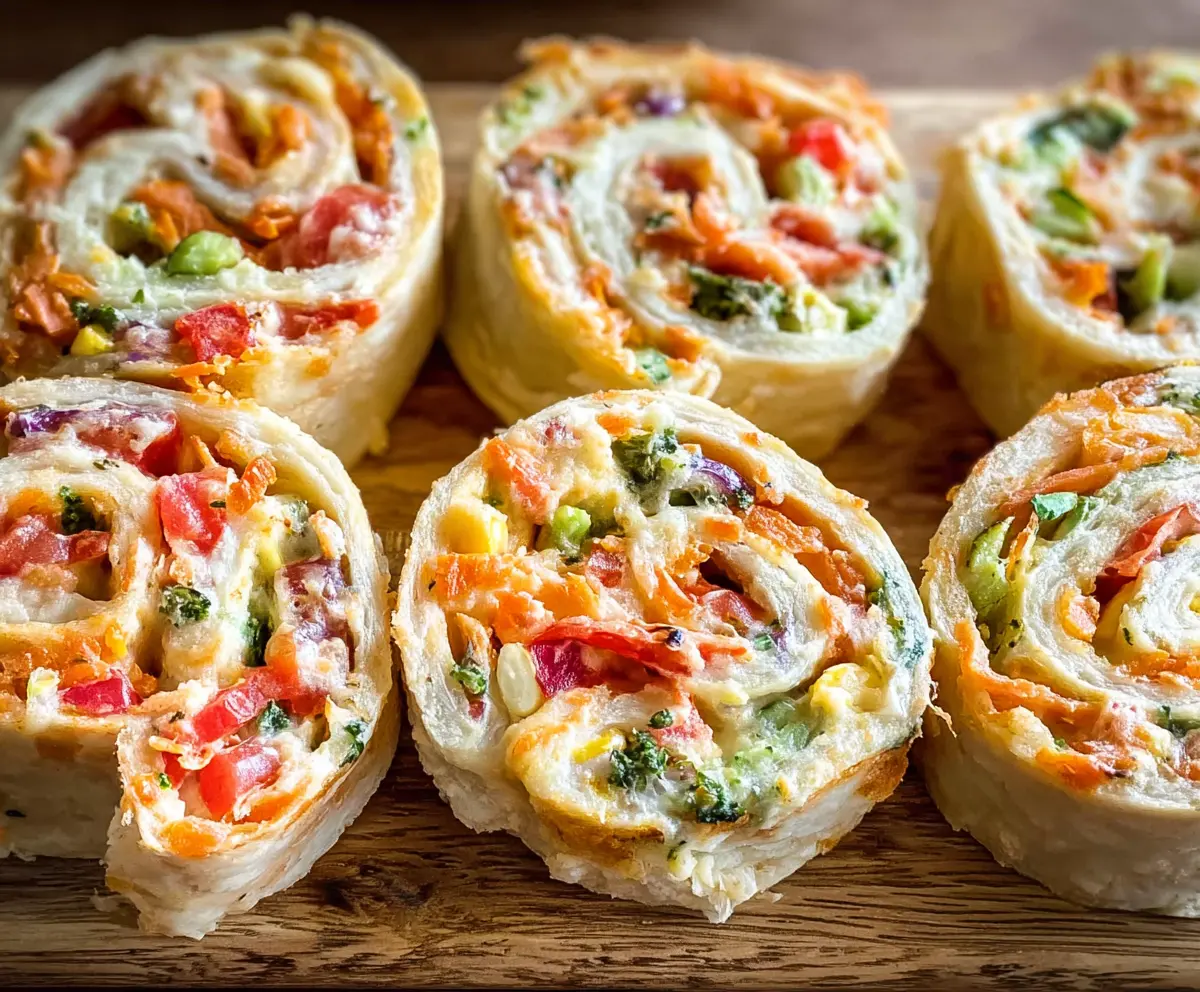 Delicious veggie pizza pinwheels with colorful vegetables and melted cheese