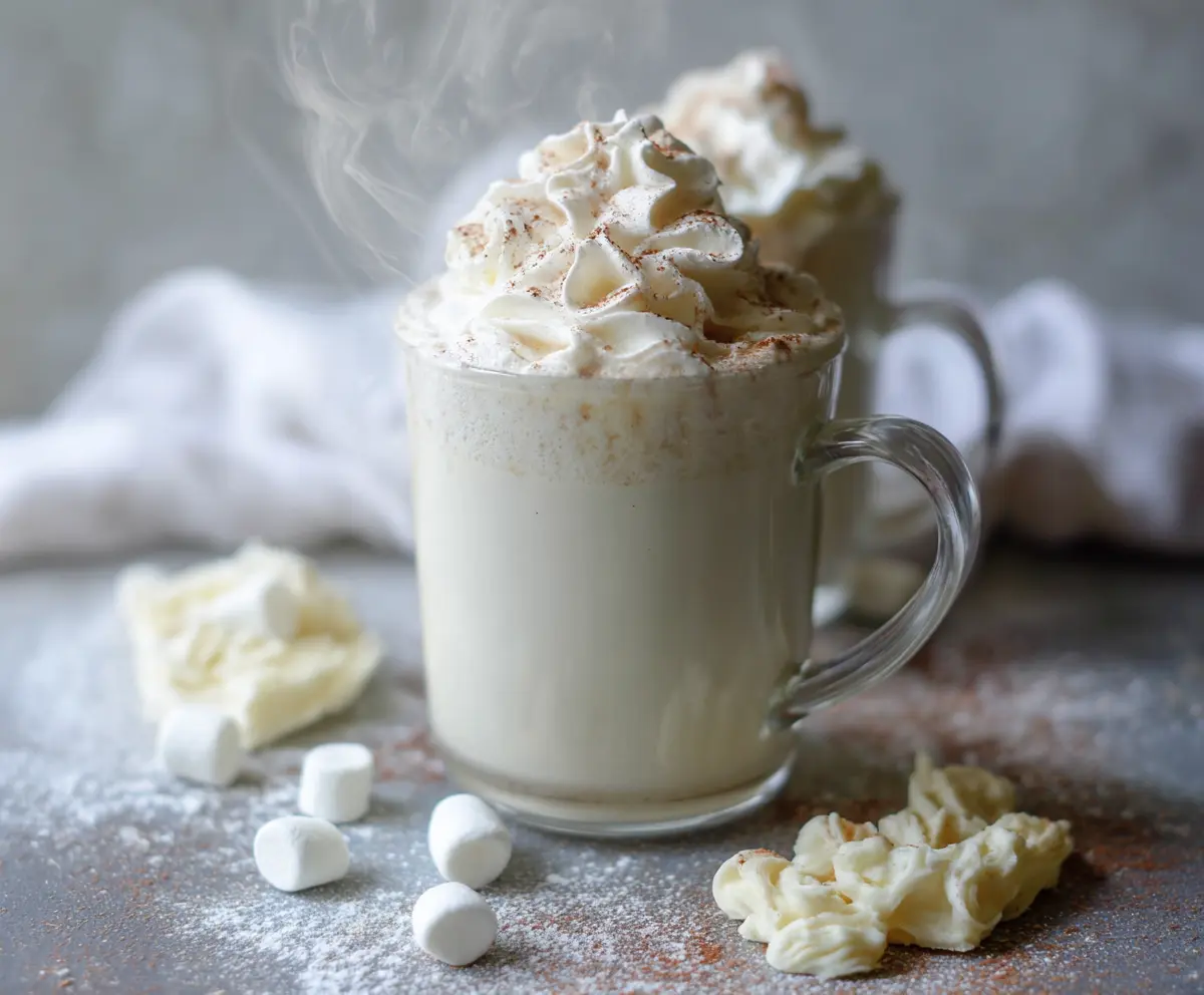 Creamy white hot chocolate topped with whipped cream in a cozy mug, perfect for winter evenings.