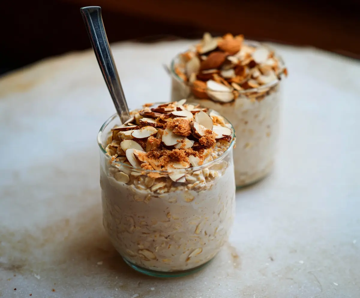 Creamy Almond Croissant Overnight Oats in a glass jar topped with sliced almonds and fresh berries