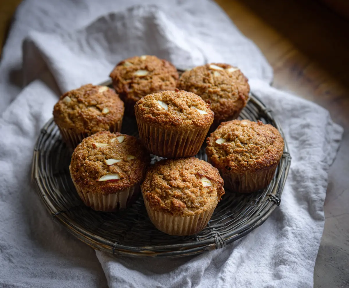 Delicious apple cinnamon sourdough muffins fresh out of the oven, showcasing a golden crust and hints of cinnamon and apple pieces.