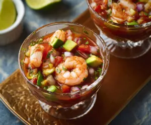 Delicious authentic Mexican shrimp cocktail with fresh shrimp, tomato sauce, and garnishes.