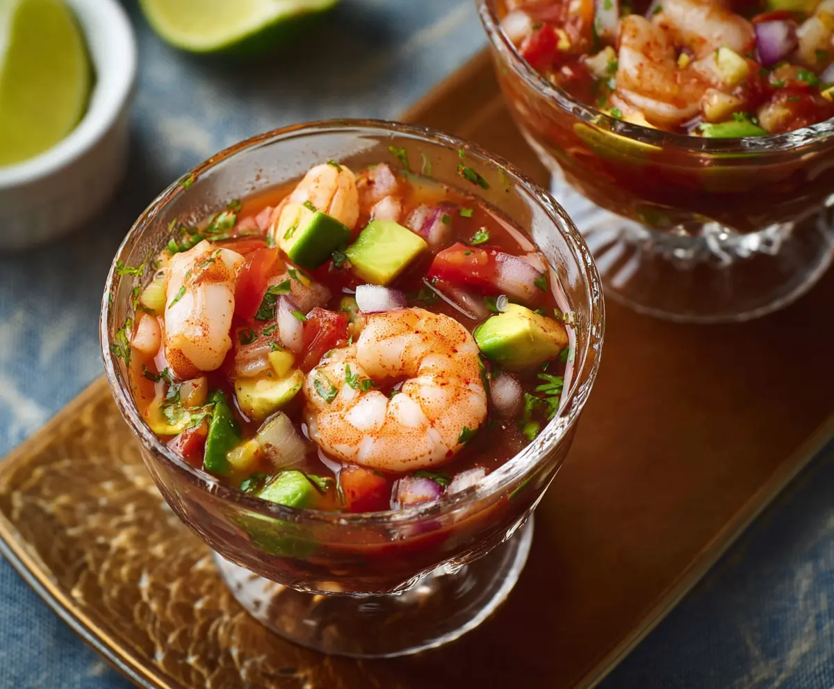 Delicious authentic Mexican shrimp cocktail with fresh shrimp, tomato sauce, and garnishes.