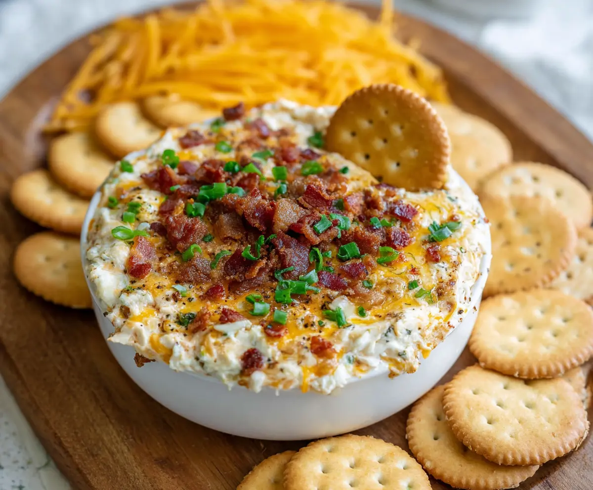 Delicious Bacon Cheddar Crack Dip served in a bowl with crispy bacon bits and melted cheddar cheese.