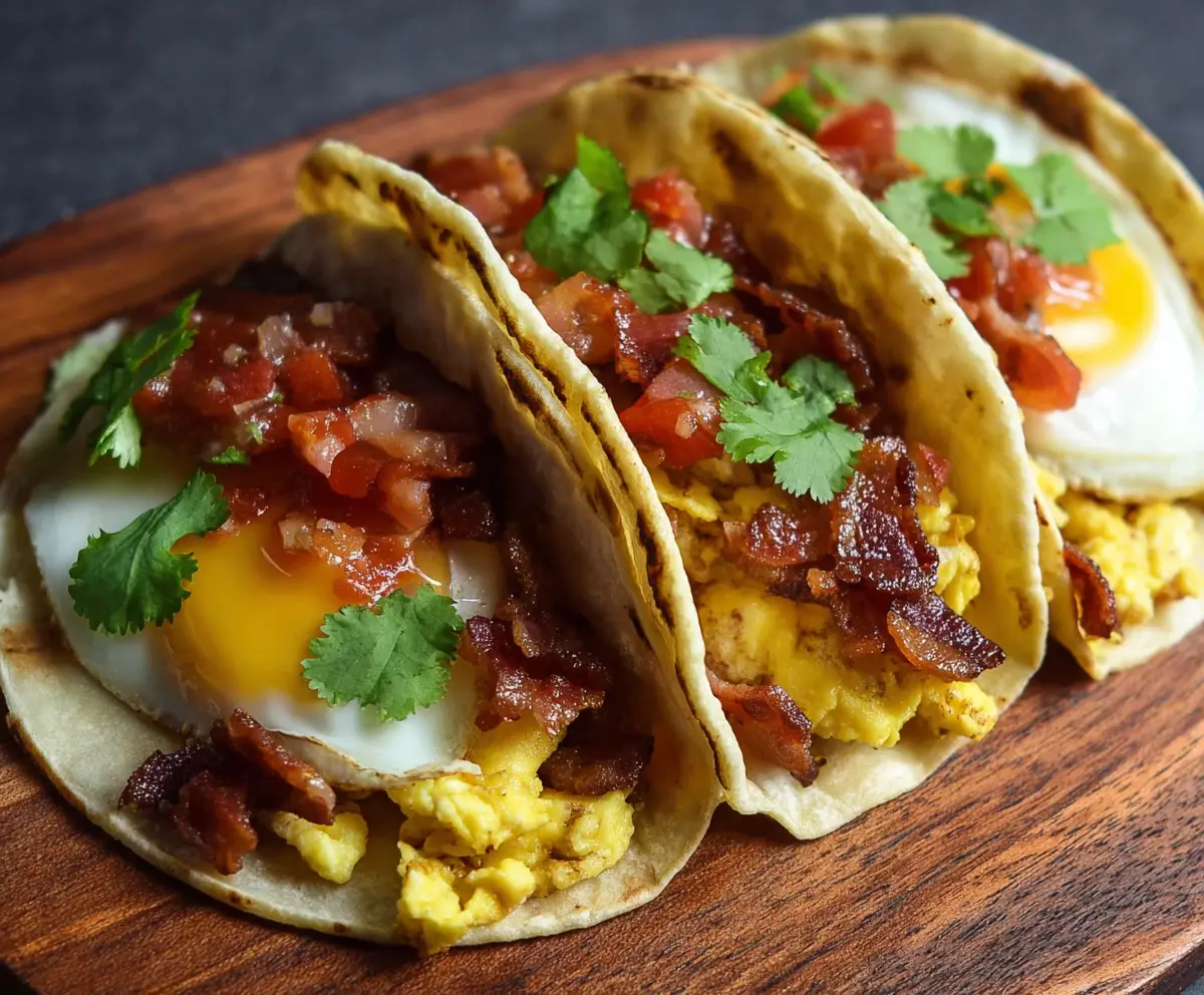 Delicious bacon and scrambled eggs inside soft breakfast tacos for a hearty morning meal