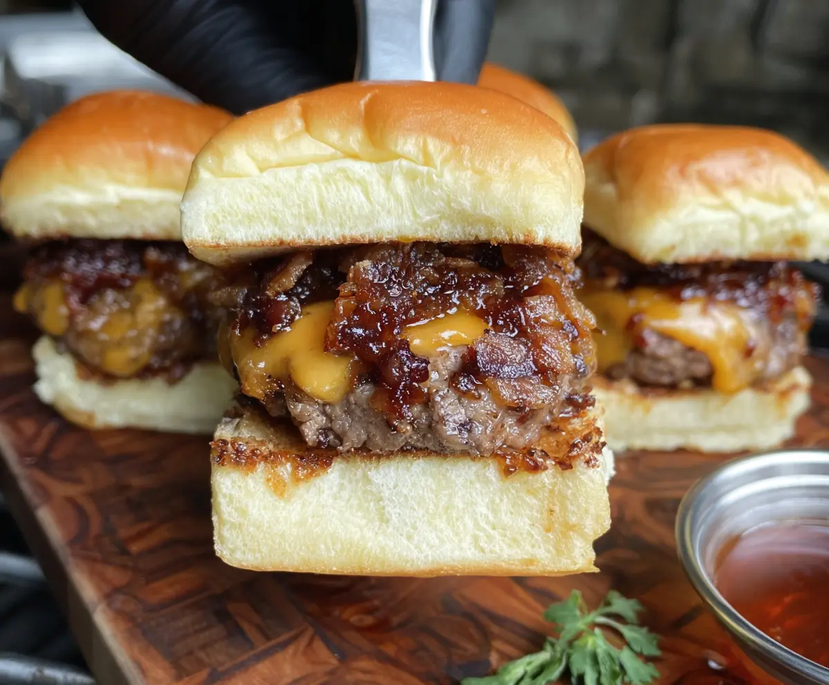 Delicious Bacon Jam Cheeseburger Sliders with melted cheese and crispy bacon on small burger buns