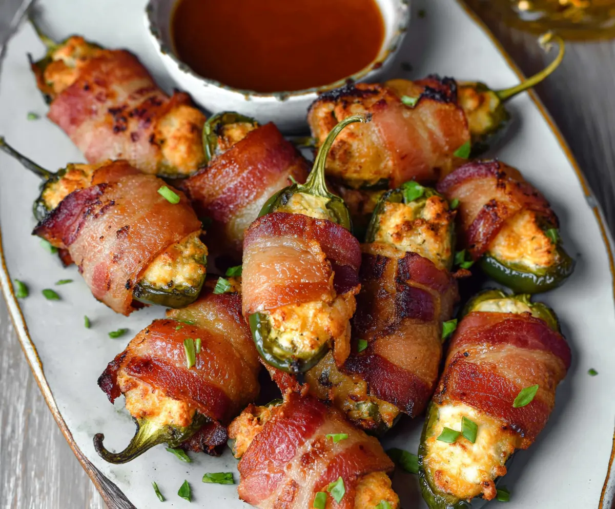 Delicious bacon-wrapped jalapeño poppers filled with melted cheese on a serving platter.