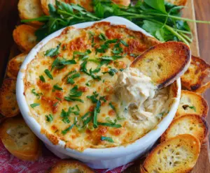 Creamy Baked Chicken Alfredo Dip served hot with melted cheese and herbs.
