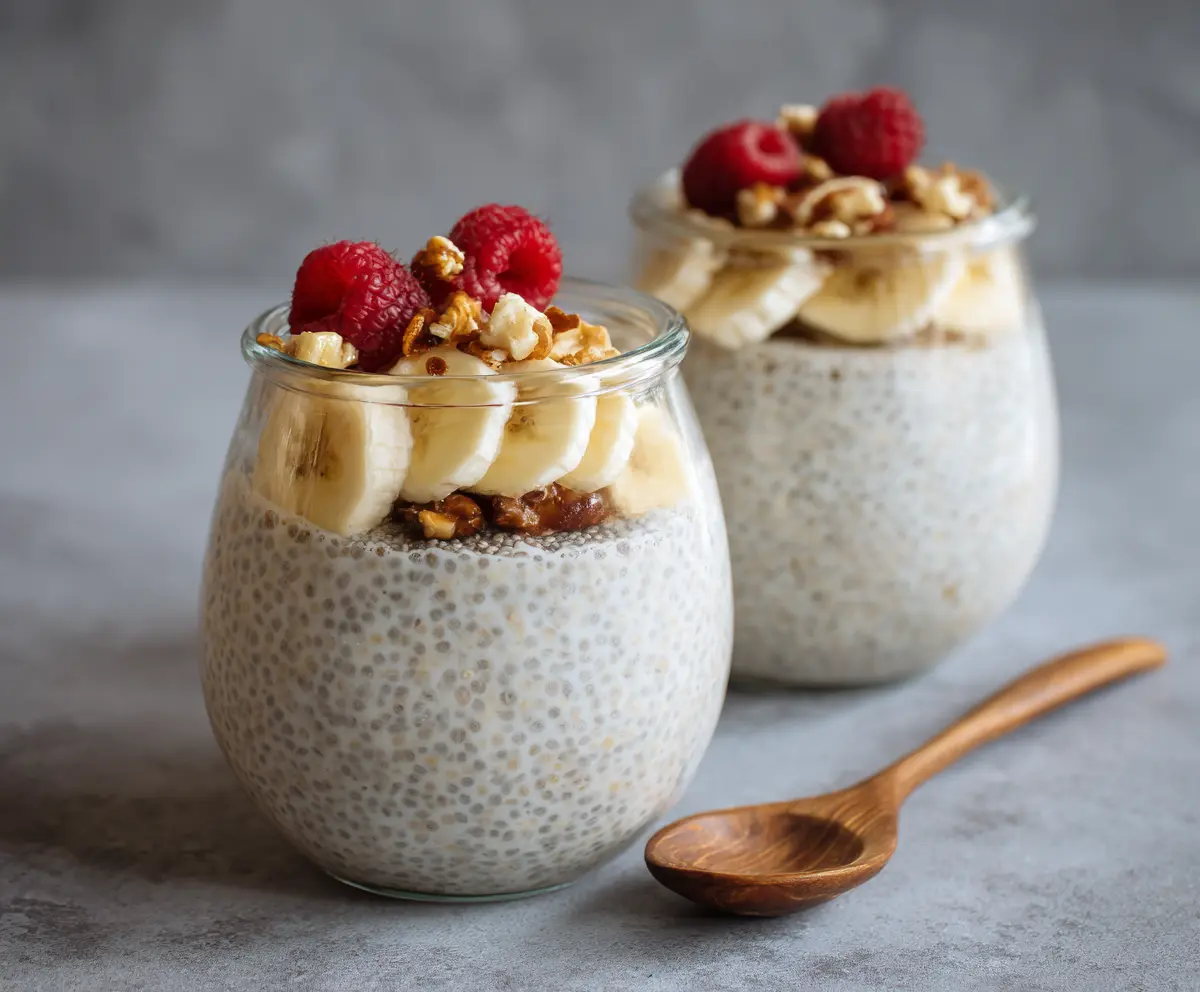 Creamy banana chia pudding in a glass jar topped with fresh banana slices and chia seeds.