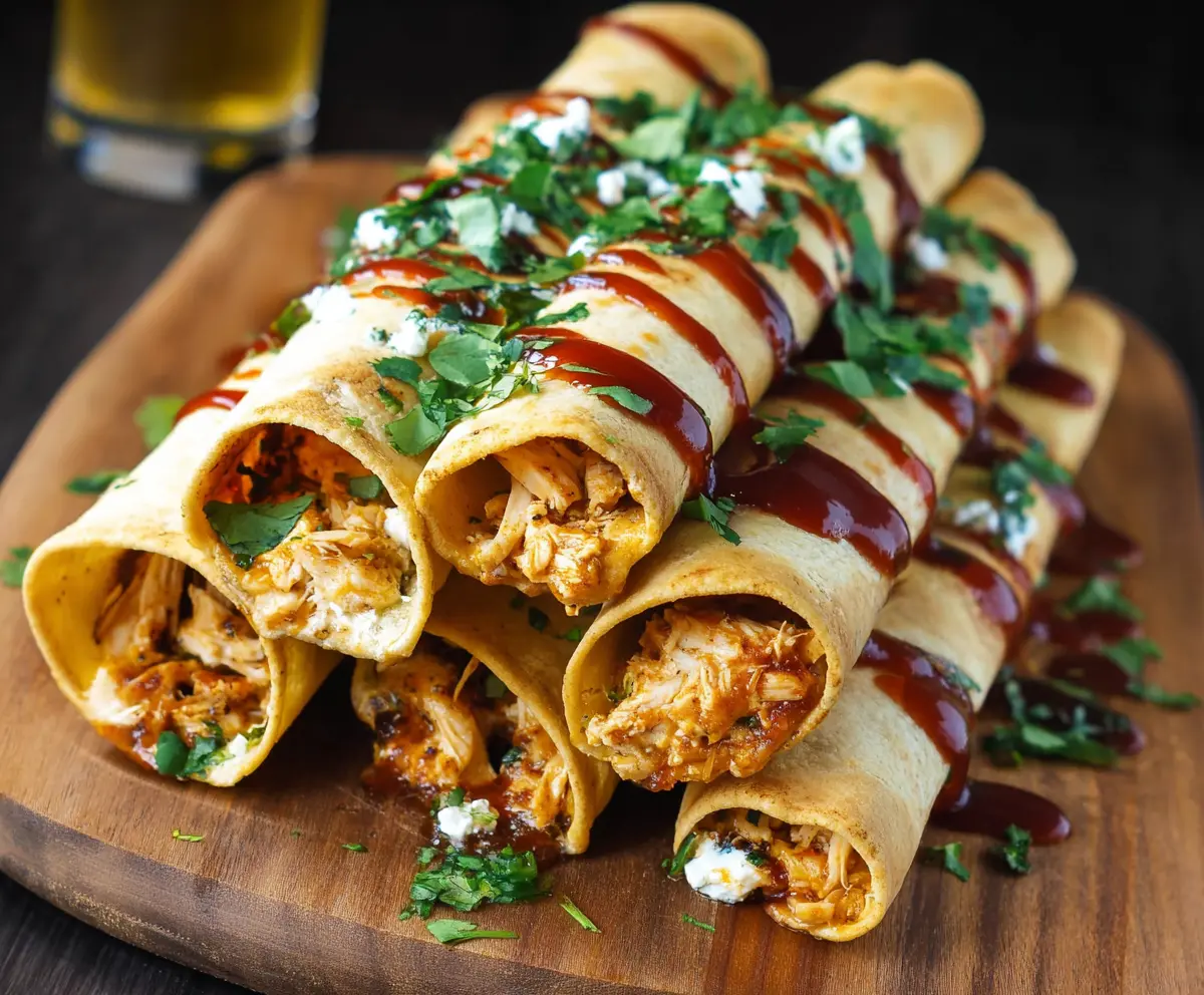 Delicious BBQ Chicken Taquitos on a plate, crispy and golden, garnished with fresh herbs.