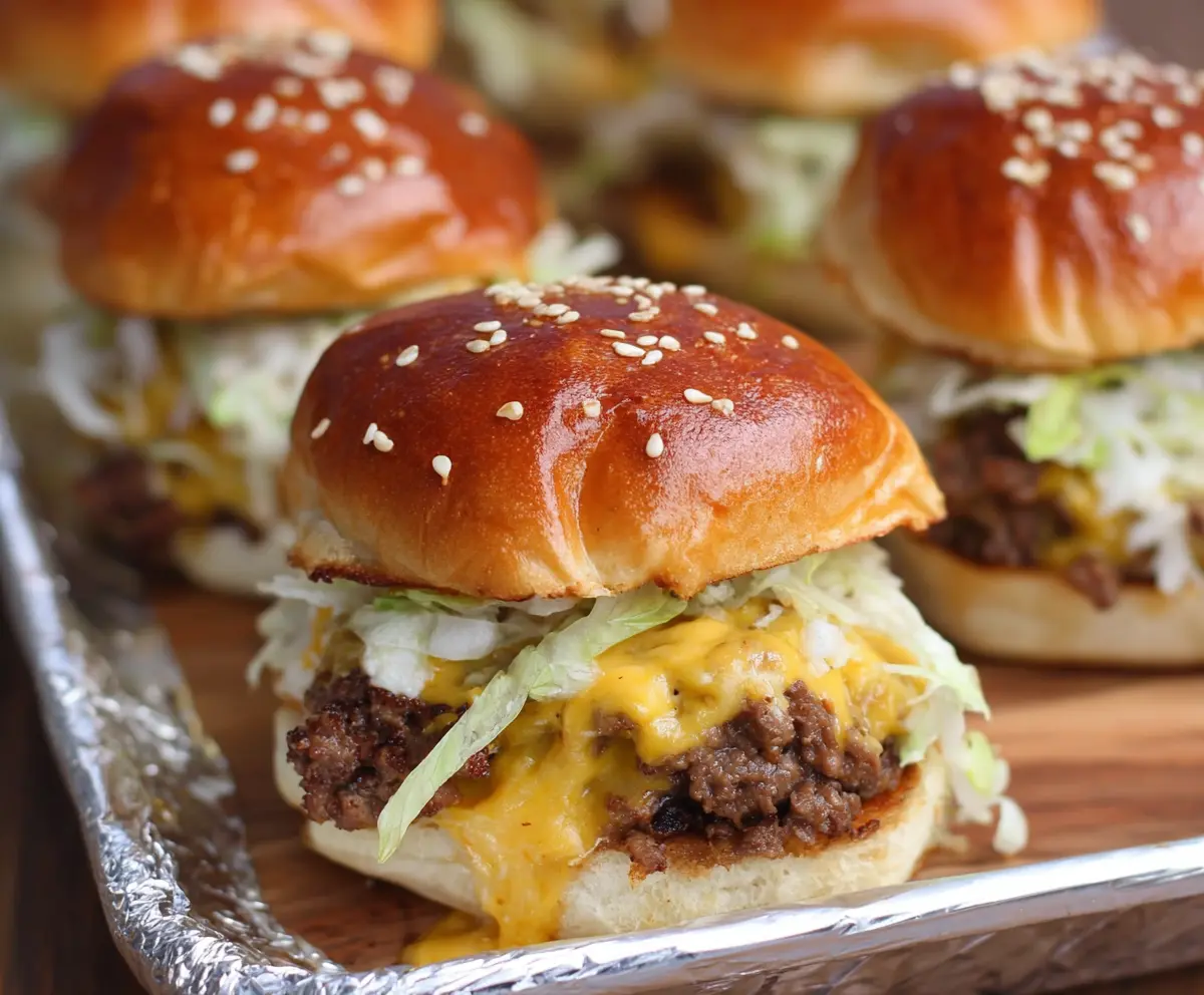 Delicious Beefy Big Mac Sliders with juicy beef patties, melted cheese, and fresh toppings on slider buns.