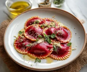 Colorful beet ravioli on a rustic plate with fresh herbs, showcasing vibrant purple pasta and creamy filling.