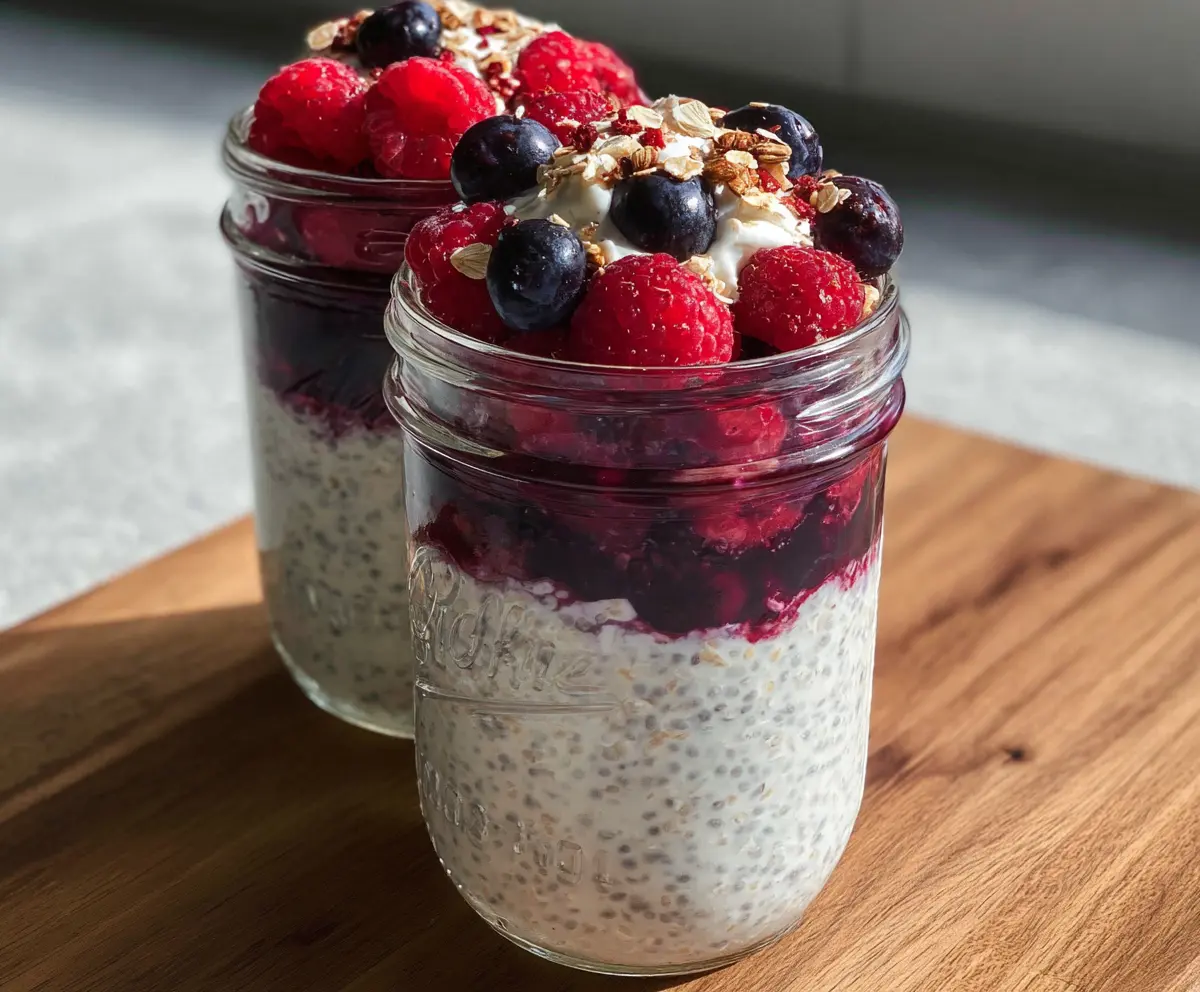 Delicious berries and creamy overnight oats in a glass jar for a healthy breakfast