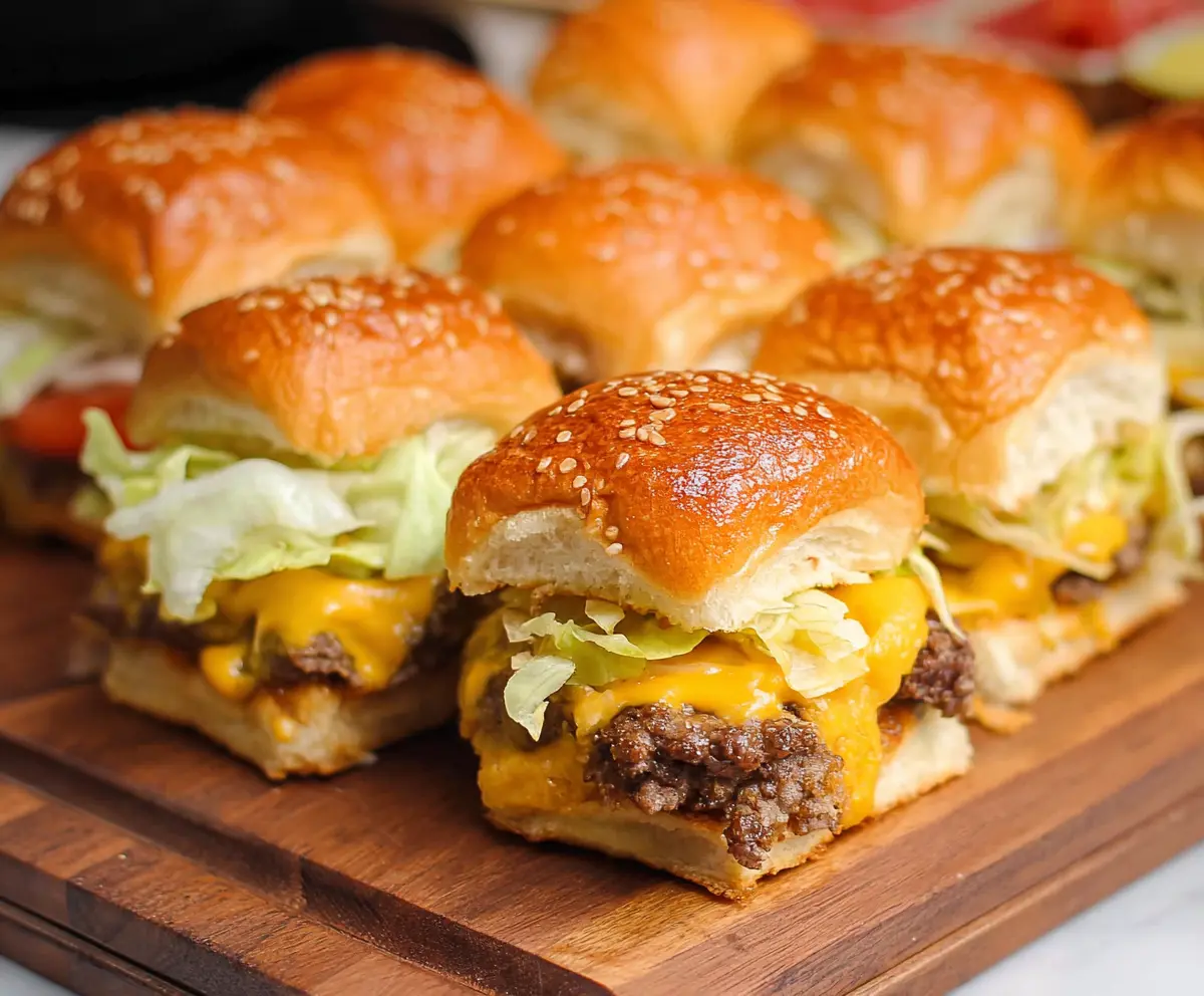 Delicious Big Mac Cheeseburger Sliders with layers of beef, cheese, lettuce, and special sauce on a plate.