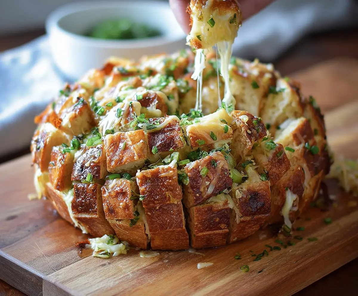 Delicious Bloomin Onion Pull Apart Bread with melted cheese and crispy onion topping