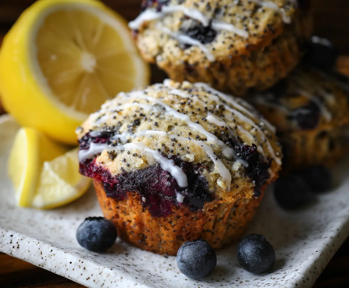 Fresh Blueberry Lemon Poppy Seed Sourdough Muffins on a plate with lemon slices and blueberries.