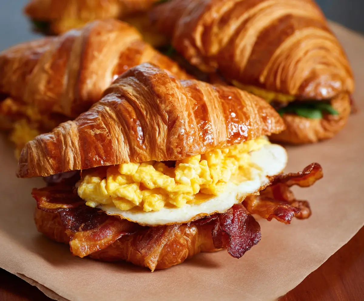Delicious breakfast croissant sandwich filled with eggs, cheese, and bacon.