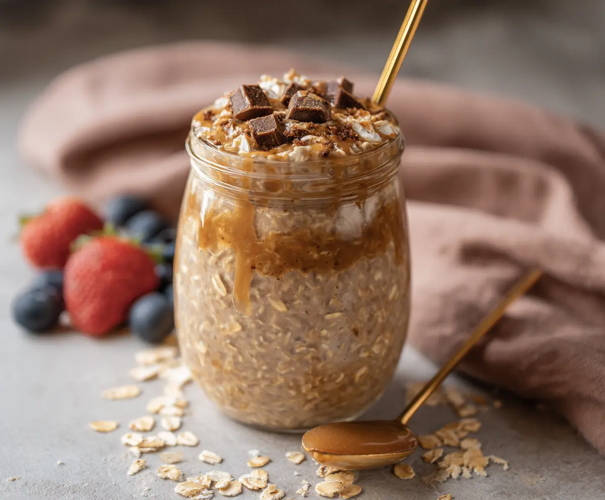 Creamy brown sugar espresso overnight oats topped with fresh berries and a drizzle of honey.