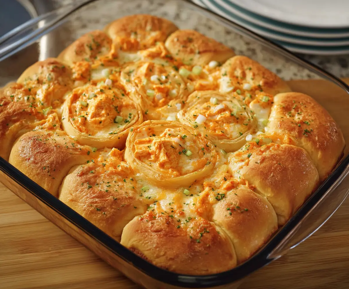Delicious Buffalo Chicken Crescent Roll Bake with crispy edges and spicy flavor.
