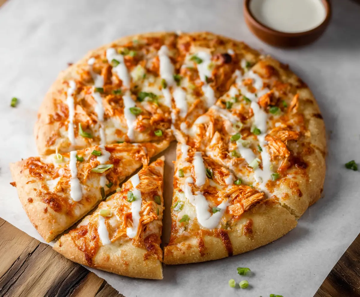 Delicious Buffalo Chicken Pizza topped with spicy buffalo sauce, melted cheese, and crumbled chicken on a crispy crust.