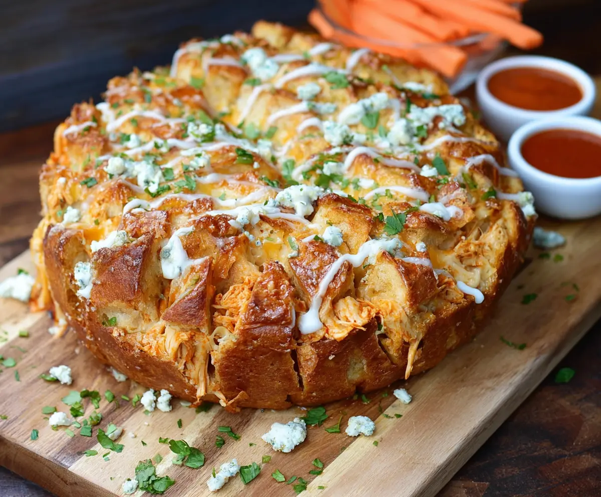 Delicious Buffalo Chicken Pull Apart Bread topped with melted cheese and spicy buffalo sauce, perfect for sharing.