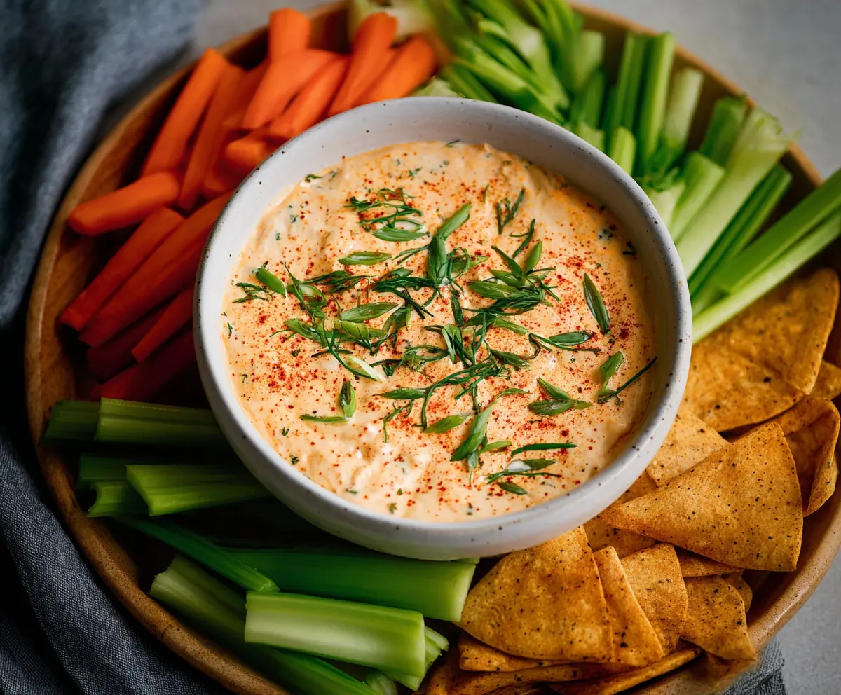 Creamy Buffalo Ranch Dip served in a bowl, garnished with chopped herbs and perfect for game day snacks.
