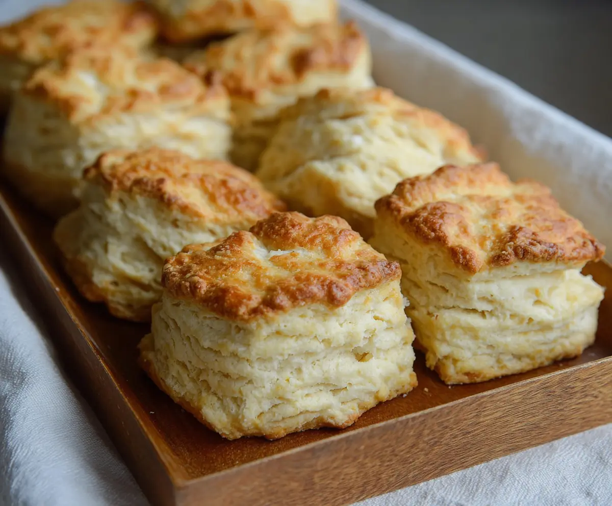 Delicious homemade buttermilk sourdough freezer biscuits on a rustic wooden surface.