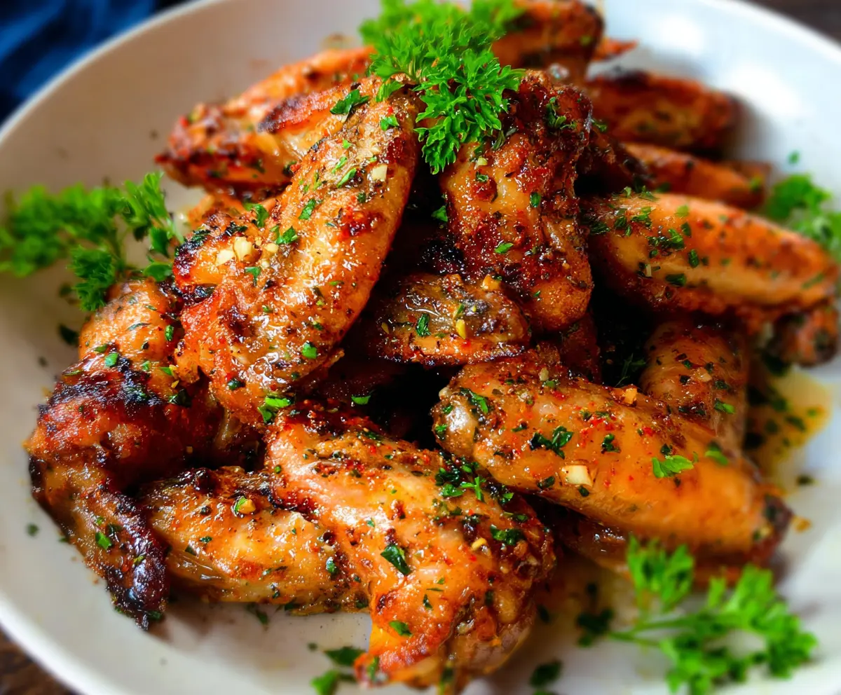 Juicy Cajun Garlic Chicken Wings seasoned with herbs and spices, served on a plate.