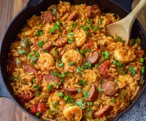 Delicious Cajun jambalaya with chicken, shrimp, and sausage served in a vibrant bowl.