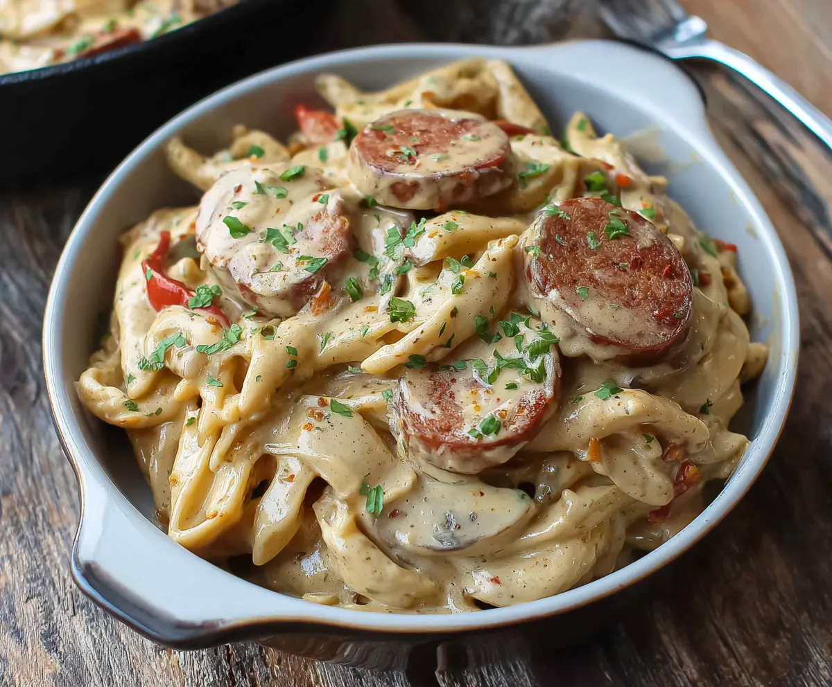 Creamy Cajun smoked sausage Alfredo pasta served with fresh herbs and pasta leaves.