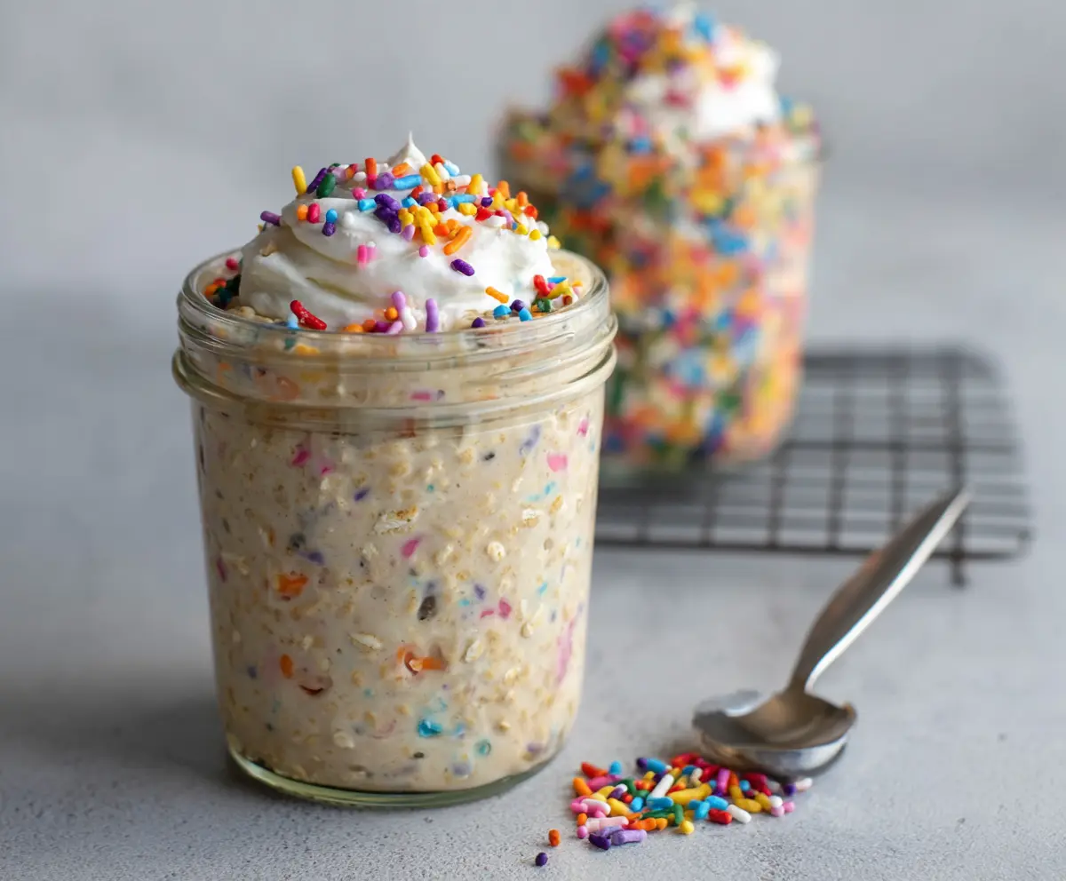 Creamy Cake Batter Overnight Oats in a glass jar, topped with sprinkles and fresh berries