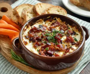 Delicious caramelized onion and bacon dip served in a bowl, perfect for snacks and parties.