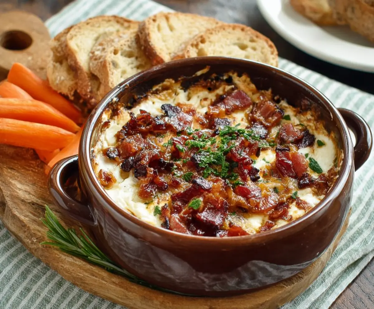 Delicious caramelized onion and bacon dip served in a bowl, perfect for snacks and parties.