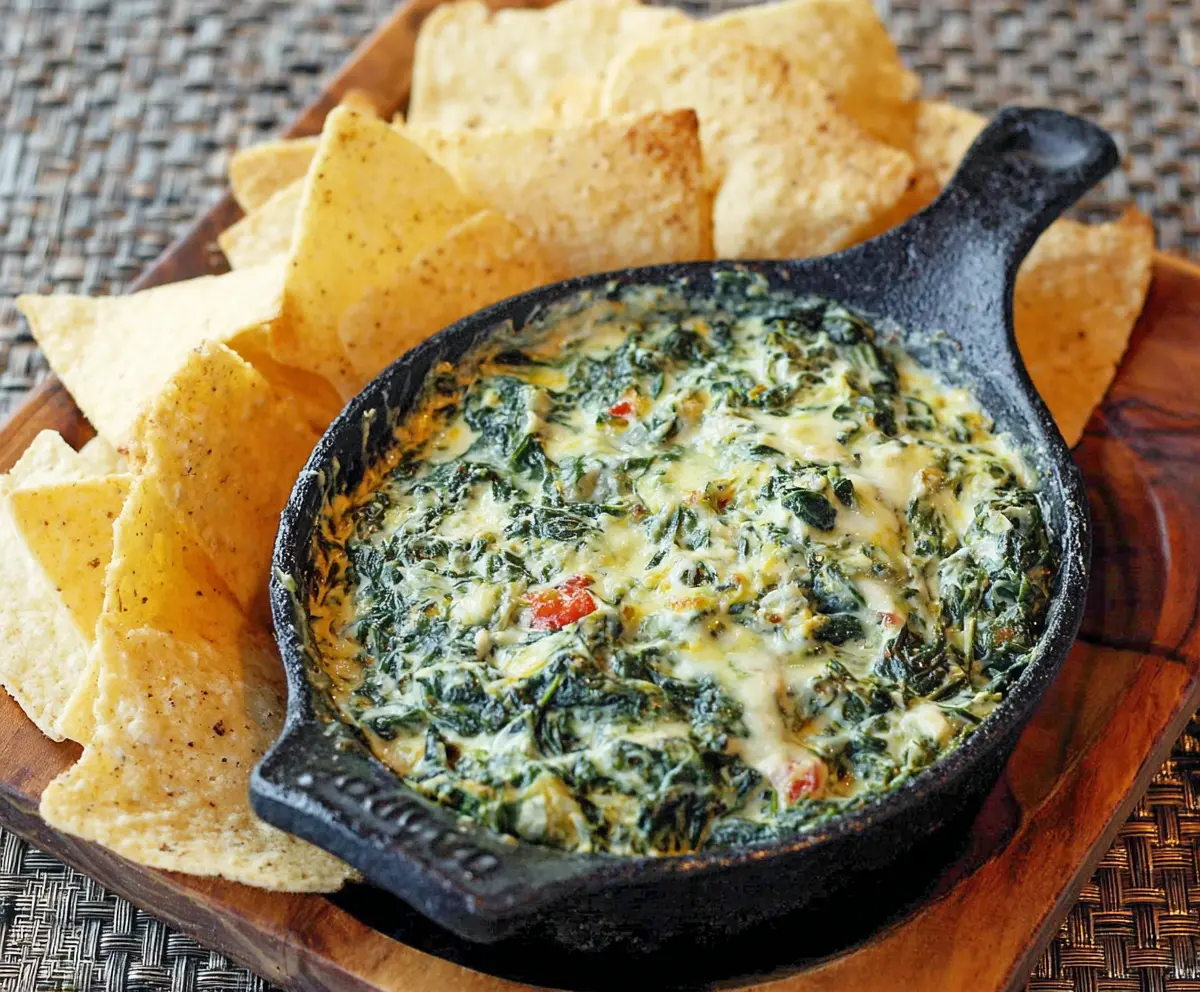 Cheddars Santa Fe Spinach Dip served in a bowl with fresh vegetables for dipping