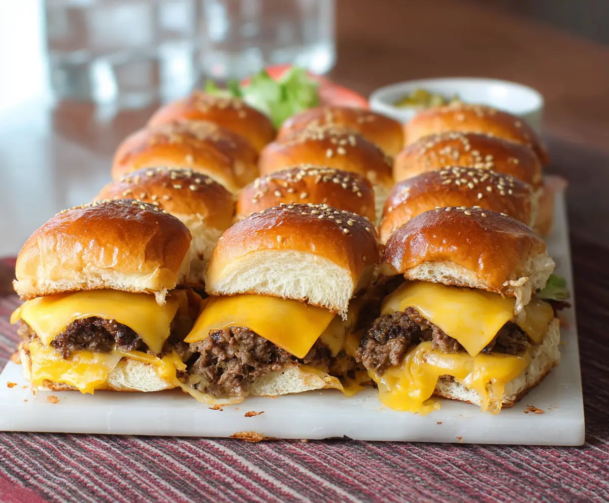 Delicious cheeseburger sliders with melted cheese, fresh lettuce, and juicy beef patties stacked on soft buns.