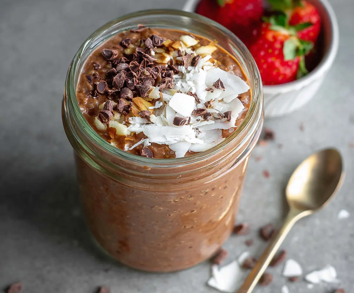 Healthy chocolate coconut overnight oats in a glass jar topped with shredded coconut and chocolate chips.
