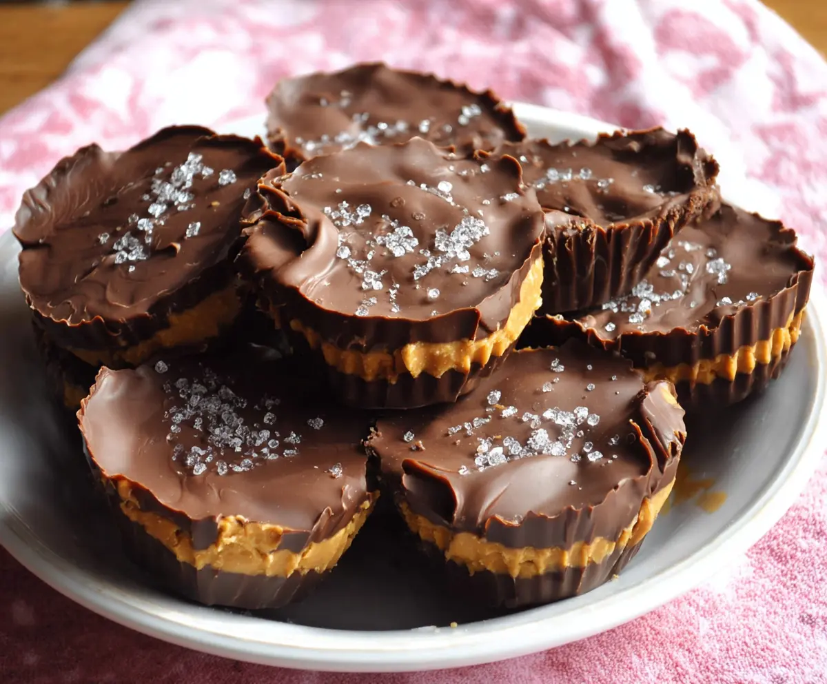 Delicious homemade chocolate peanut butter cups on a white plate with melted chocolate drizzled on top.