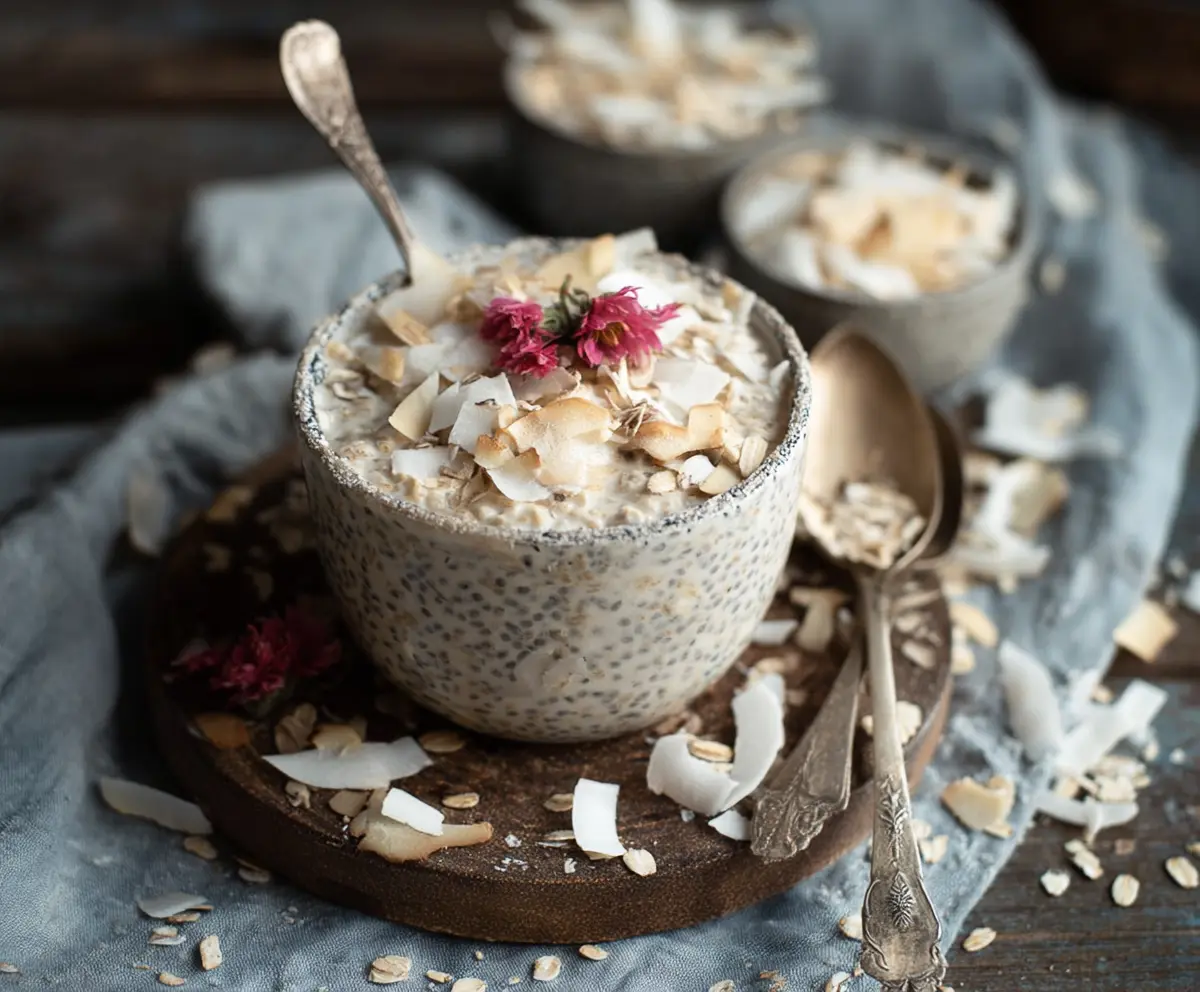 Creamy coconut overnight oats topped with fresh fruit and chia seeds for a healthy breakfast.