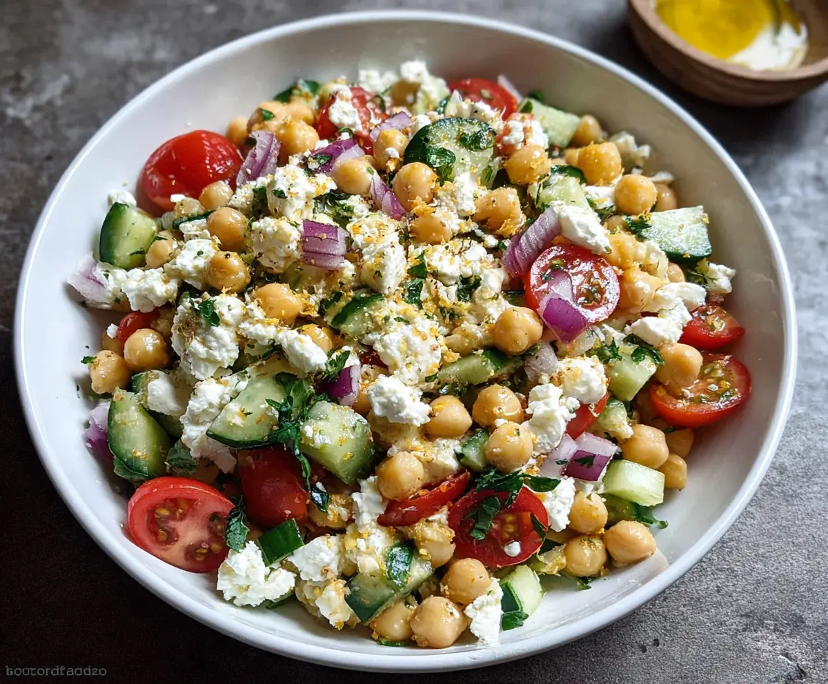 Fresh cottage cheese and chickpea salad in a bowl, garnished with herbs for a healthy vegetarian meal.