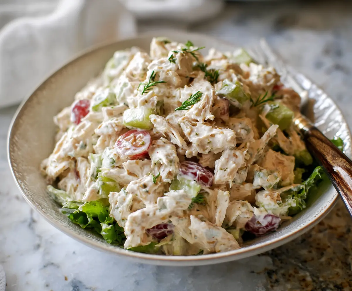 Healthy Cottage Cheese Chicken Salad with fresh greens and herbs in a white bowl