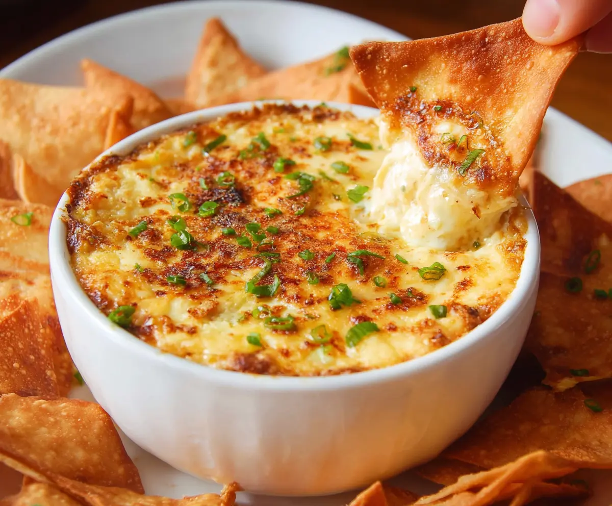Creamy Crab Rangoon Dip served with crispy Wonton Chips, perfect for appetizer parties.