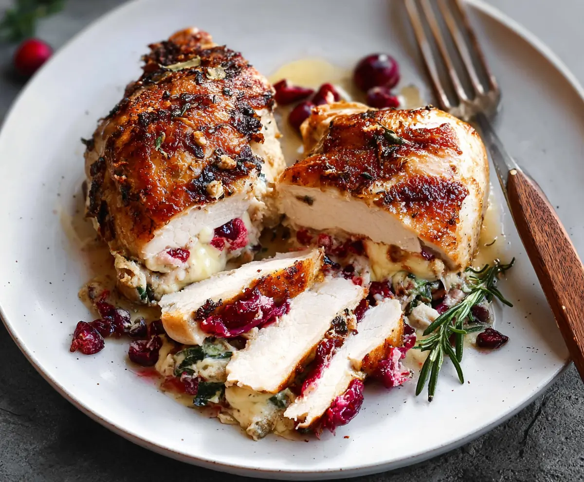 Baked Cranberry Brie Stuffed Chicken with a golden crust on a serving platter.
