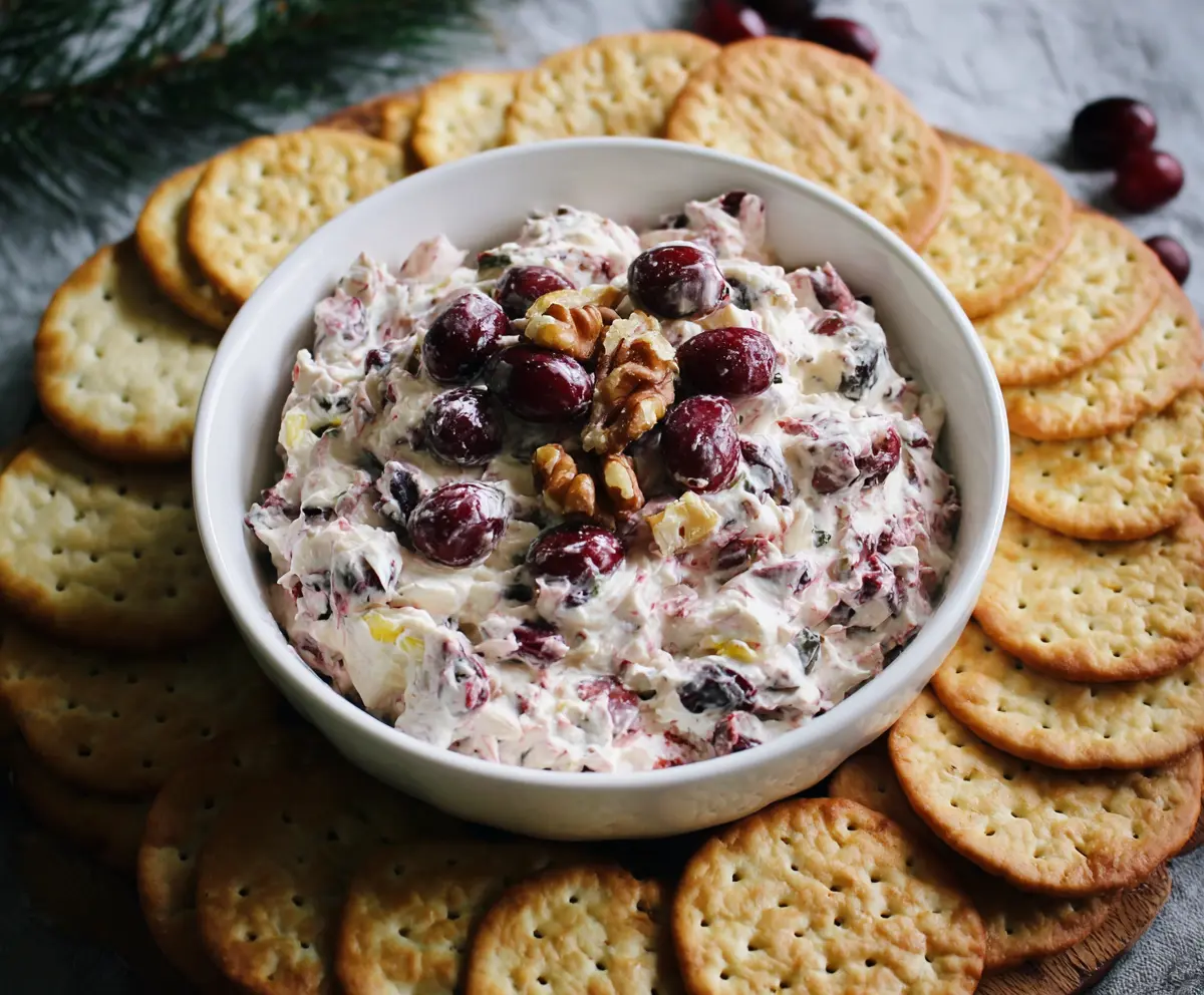 Creamy cranberry walnut cream cheese dip served with fresh crackers, perfect for side snacks or parties.